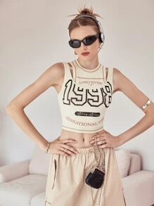 SHEIN MOD 字母圖案短款背心 - 米色 - 查看 5