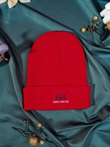 Men Christmas Tree & Slogan Graphic Cuff Beanie - Red - View 1