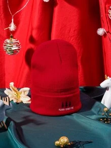 Men Christmas Tree & Slogan Graphic Cuff Beanie - Red - View 3