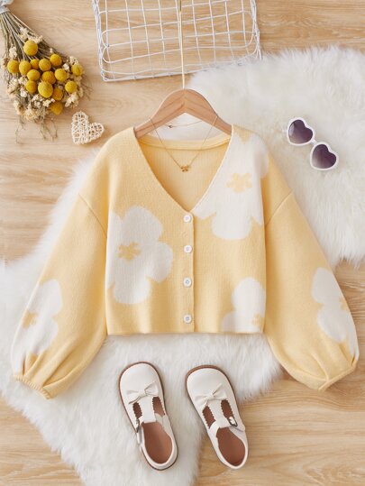 SHEIN Tween Girl Floral Pattern Lantern Sleeve Cardigan