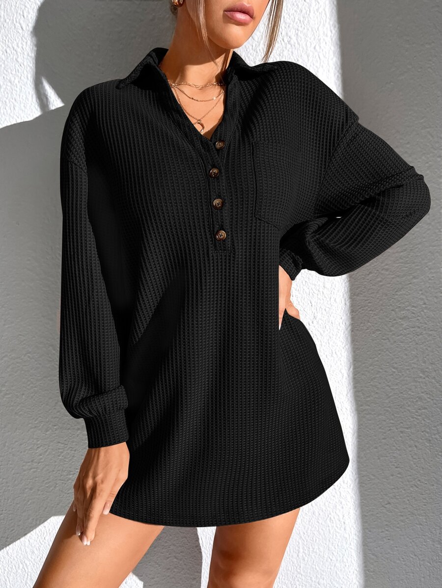 SHEIN Essnce Waffle Knit Patched Pocket Drop Shoulder Dress - Black - View 1