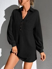 SHEIN Essnce Waffle Knit Patched Pocket Drop Shoulder Dress - Black - View 4