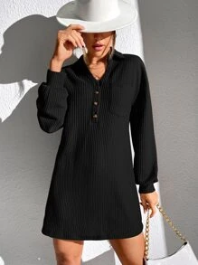 SHEIN Essnce Waffle Knit Patched Pocket Drop Shoulder Dress - Black - View 6