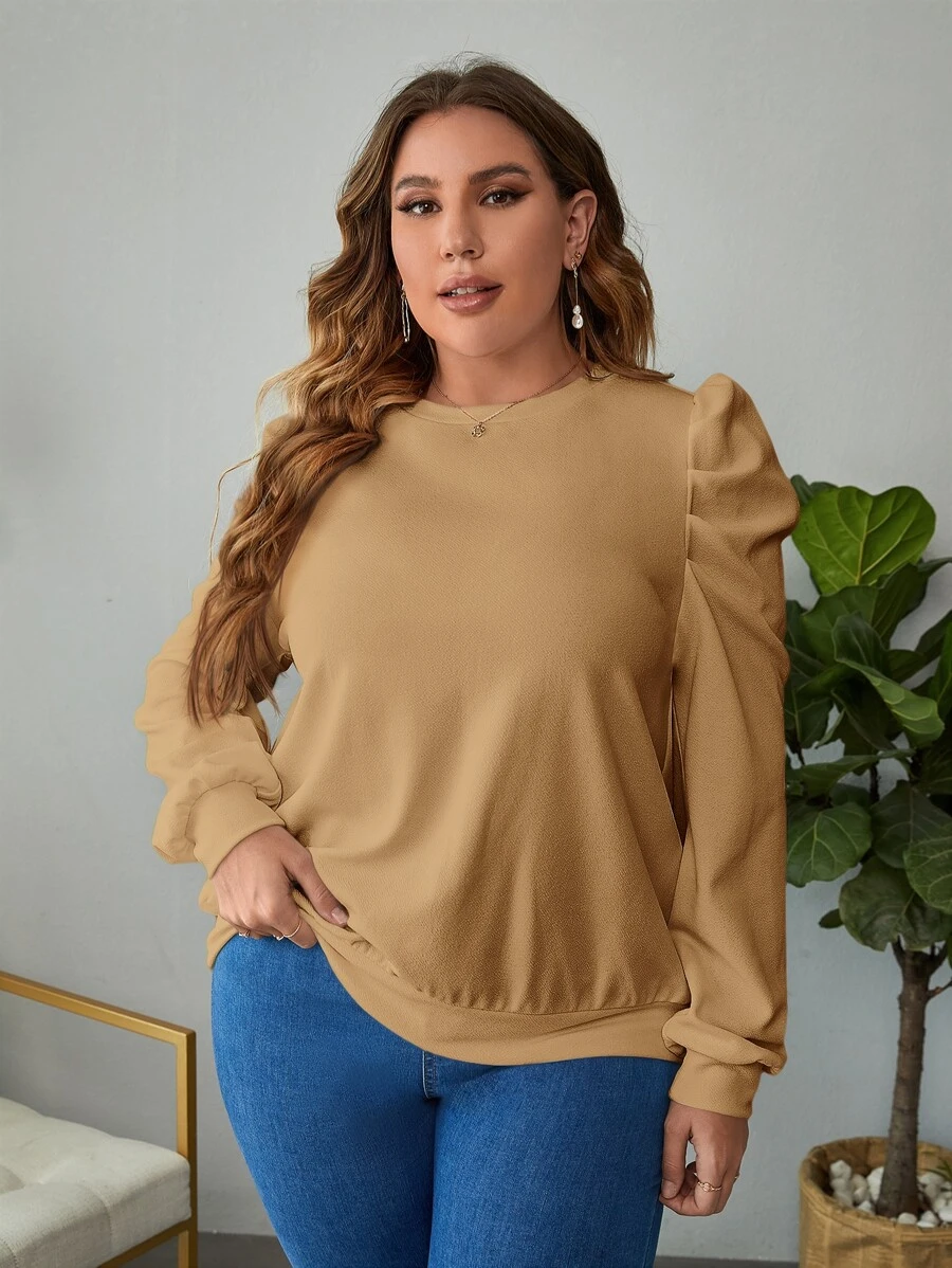 SHEIN Clasi Plus Solid Puff Sleeve Sweatshirt - Camel - View 1