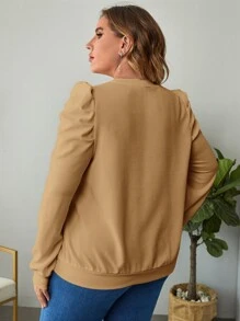 SHEIN Clasi Plus Solid Puff Sleeve Sweatshirt - Camel - View 2