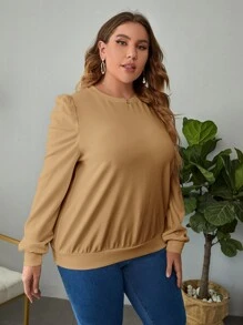 SHEIN Clasi Plus Solid Puff Sleeve Sweatshirt - Camel - View 3