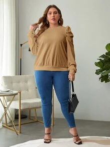 SHEIN Clasi Plus Solid Puff Sleeve Sweatshirt - Camel - View 4