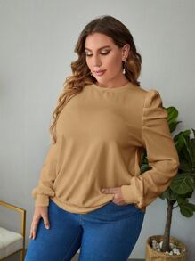 SHEIN Clasi Plus Solid Puff Sleeve Sweatshirt - Camel - View 5
