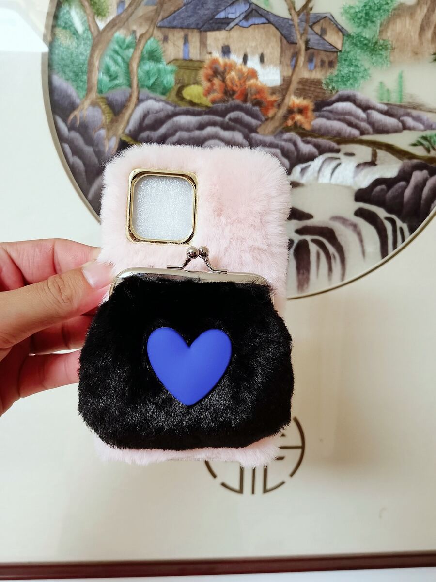 3D Heart Decor Fluffy Phone Case With Card Bag - Multicolor - View 1