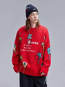 Hombres Jersey de hombros caídos con dibujos animados y letra