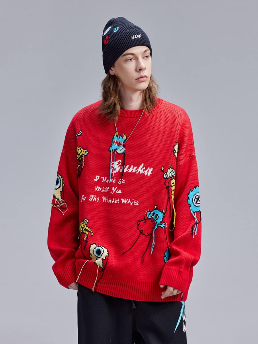 Hombres Jersey de hombros caídos con dibujos animados y letra