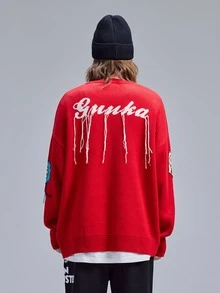 Hombres Jersey de hombros caídos con dibujos animados y letra