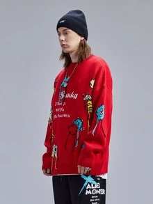 Hombres Jersey de hombros caídos con dibujos animados y letra