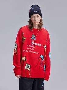 Hombres Jersey de hombros caídos con dibujos animados y letra