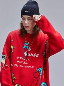 Hombres Jersey de hombros caídos con dibujos animados y letra