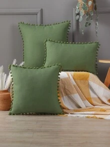 1pc Pompom Decor Cushion Cover Không có chất làm đầy - màu xanh lá - Xem 1