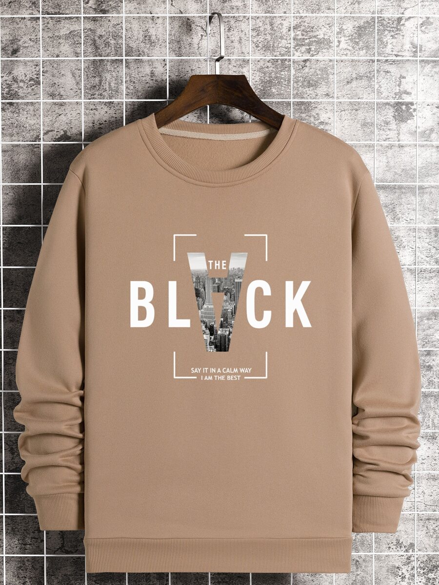 Manfinity Dauomo Men Slogan & Building Print Thermal Pullover - Khaki - View 1