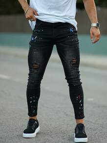 Hombres Jeans ajustados desgarro salpicaduras de tinta - Negro - Ver 1