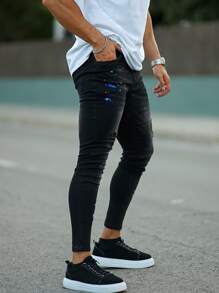 Hombres Jeans ajustados desgarro salpicaduras de tinta - Negro - Ver 4