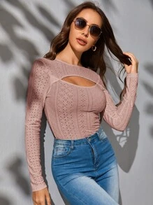 SHEIN Privé Cutout Front Pointelle Knit Tee - Dusty Pink - View 1