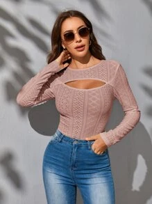SHEIN Privé Cutout Front Pointelle Knit Tee - Dusty Pink - View 4