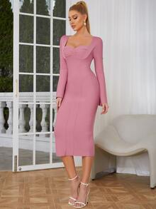 雞心領口開衩袖緊身上衣緊身連衣裙 - 藕粉色 - 查看 5