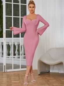 雞心領口開衩袖緊身上衣緊身連衣裙 - 藕粉色 - 查看 3