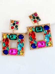 Random Color Rhinestone Decor Square Drop Earrings - Multicolor - View 1