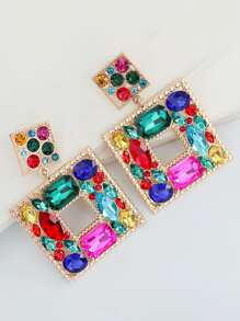 Random Color Rhinestone Decor Square Drop Earrings - Multicolor - View 2