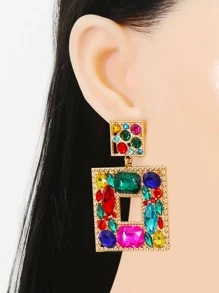Random Color Rhinestone Decor Square Drop Earrings - Multicolor - View 3