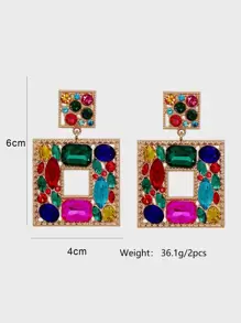 Random Color Rhinestone Decor Square Drop Earrings - Multicolor - View 4