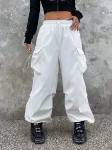 SHEIN ICON Gorpcore Pantalones parachute con cordón con bolsillo con solapa - Blanco - Ver 3