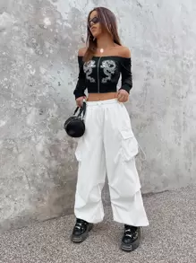 SHEIN ICON Gorpcore Pantalones parachute con cordón con bolsillo con solapa - Blanco - Ver 5