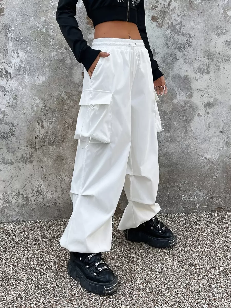SHEIN ICON Gorpcore Pantalones parachute con cordón con bolsillo con solapa - Blanco - Ver 1