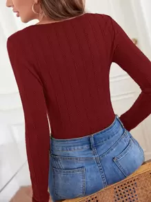 SHEIN Frenchy 蕾丝边纽扣前开襟麻花针织T恤 情人节T恤 冬季圣诞节红色 - 酒紅色 - 查看 2