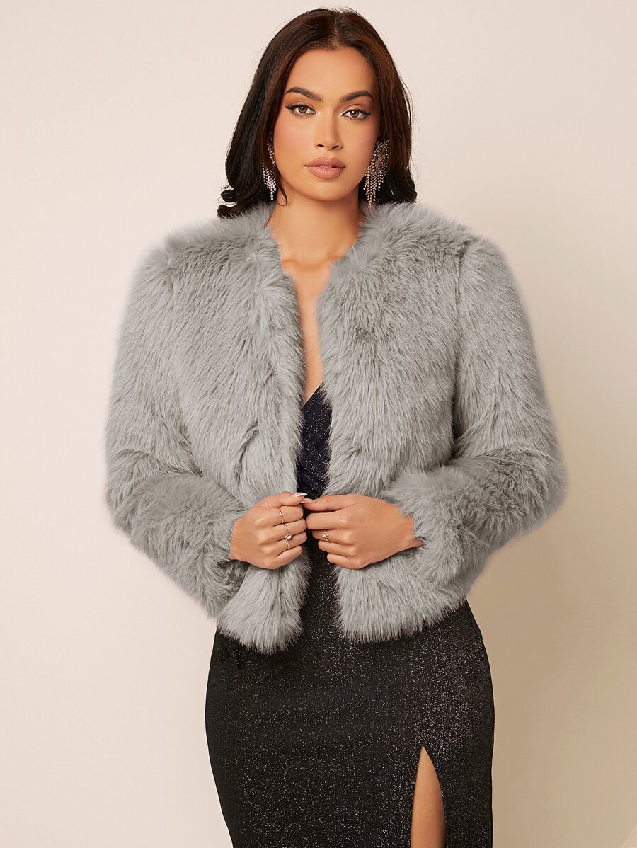 SHEIN BAE Solid Open Front Fuzzy Coat In Fall/Winter - Grey - View 1
