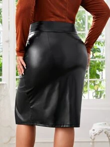 SHEIN Privé Falda de muslo con abertura PU - Negro - Ver 2