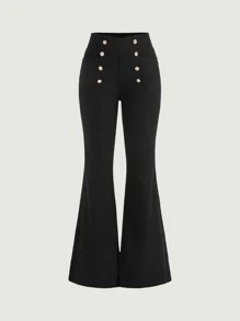 SHEIN MOD Double Breasted Flare Leg Jeans - Black - View 1