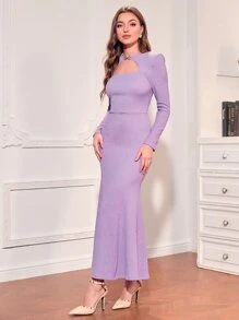 Modelyn Padded Shoulder Cut Out Mermaid Hem Dress - Lilac Purple - View 3