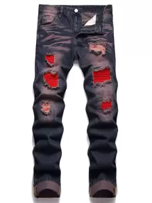 Hombres Jeans desgarro con parche - Azul lavado oscuro - Ver 1