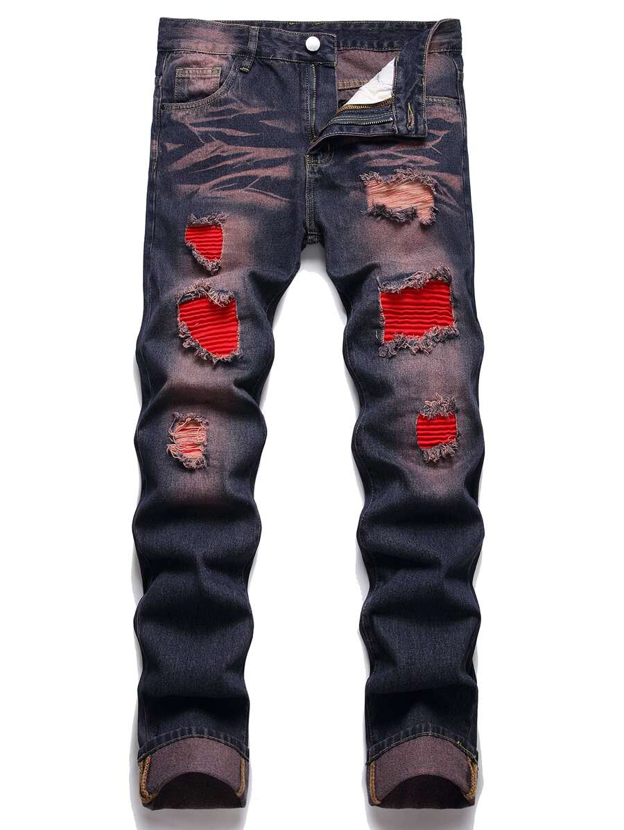 Hombres Jeans desgarro con parche - Azul lavado oscuro - Ver 1