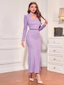 Modelyn Padded Shoulder Cut Out Mermaid Hem Dress - Lilac Purple - View 4