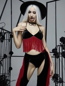 Gothic Fringe Trim Velvet Halter Top & Cut Out Flare Leg Trousers - Black - View 5