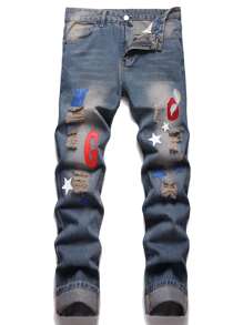 Hombres Jeans rectos con estampado de letra desgarro delgado - Azul lavado medio - Ver 1