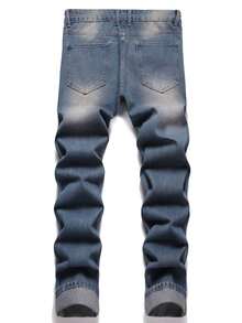 Hombres Jeans rectos con estampado de letra desgarro delgado - Azul lavado medio - Ver 2