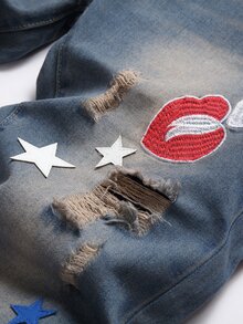 Hombres Jeans rectos con estampado de letra desgarro delgado - Azul lavado medio - Ver 4