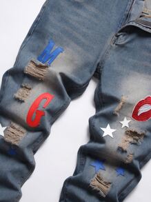 Hombres Jeans rectos con estampado de letra desgarro delgado - Azul lavado medio - Ver 6