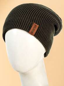 URGENTMAN Men Letter Label Decor Sang trọng lót Slouchy Beanie - xanh quân đội - Xem 2