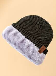 URGENTMAN Men Letter Label Decor Sang trọng lót Slouchy Beanie - xanh quân đội - Xem 4