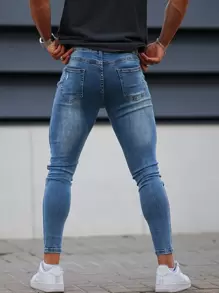 男士破洞水洗緊身牛仔褲 - 中等水洗藍 - 查看 2